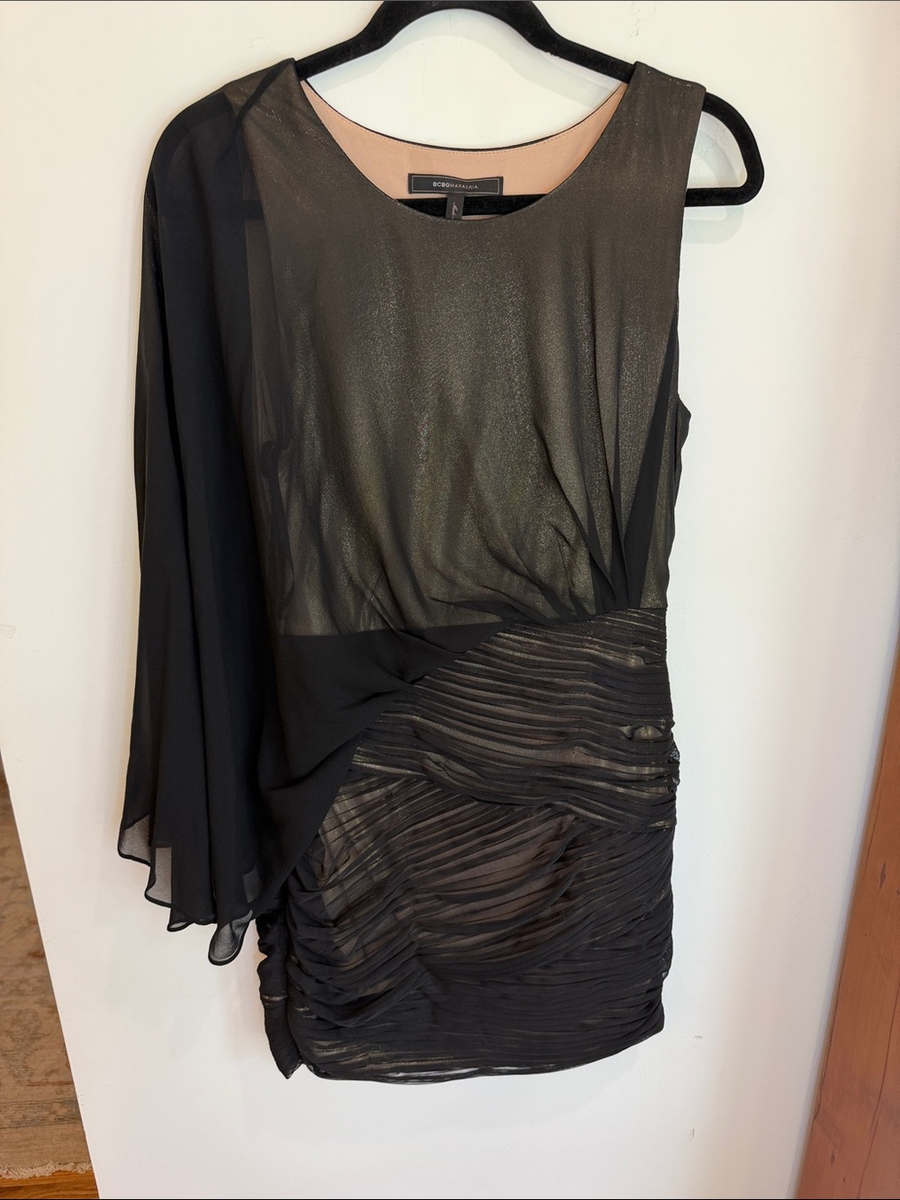 BCBGMaxAzria Black/Gold One-Shoulder Ruched Cocktail Dress with Sheer Sleeve, M